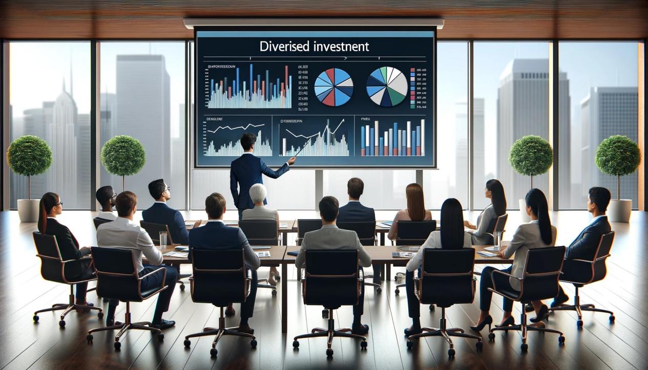 DALL·E 2024-05-17 14.47.09 - A diverse group of investors in a conference room watching a presentation on diversified investment strategies. The presenter is pointing at a large s