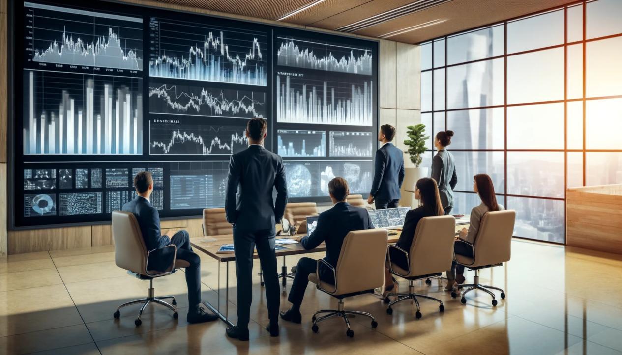 DALL·E 2024-05-17 14.53.58 - A group of financial analysts in a modern office discussing strategies for navigating the stock market during an economic downturn. They are looking a