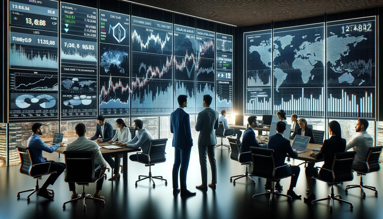 DALL·E 2024-05-17 15.10.16 - A group of financial analysts in a modern office discussing the impact of global trade wars on financial markets. The office has large screens display