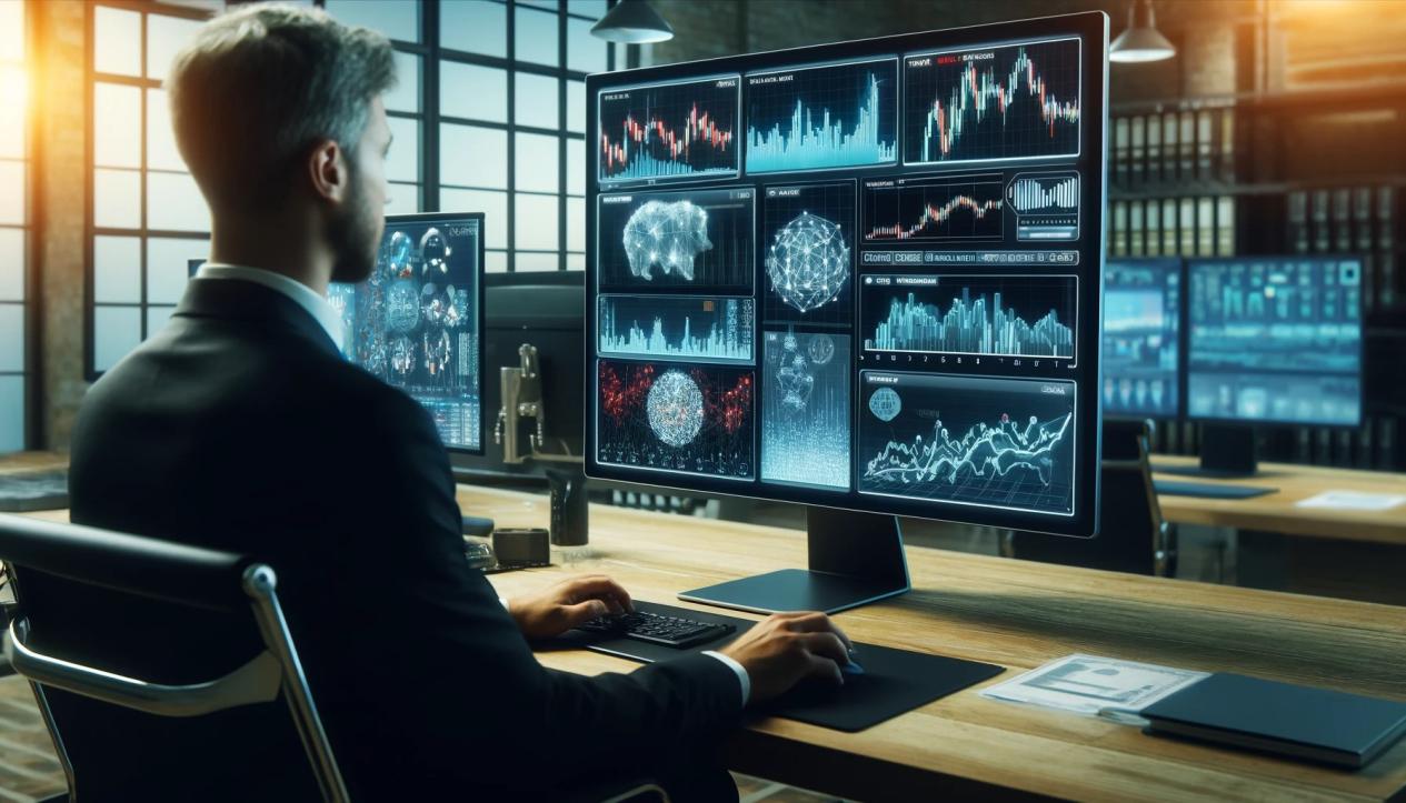 DALL·E 2024-05-17 14.43.29 - A financial trader sitting at a desk using AI software to make investment decisions. The desk has multiple monitors displaying stock charts, real-time