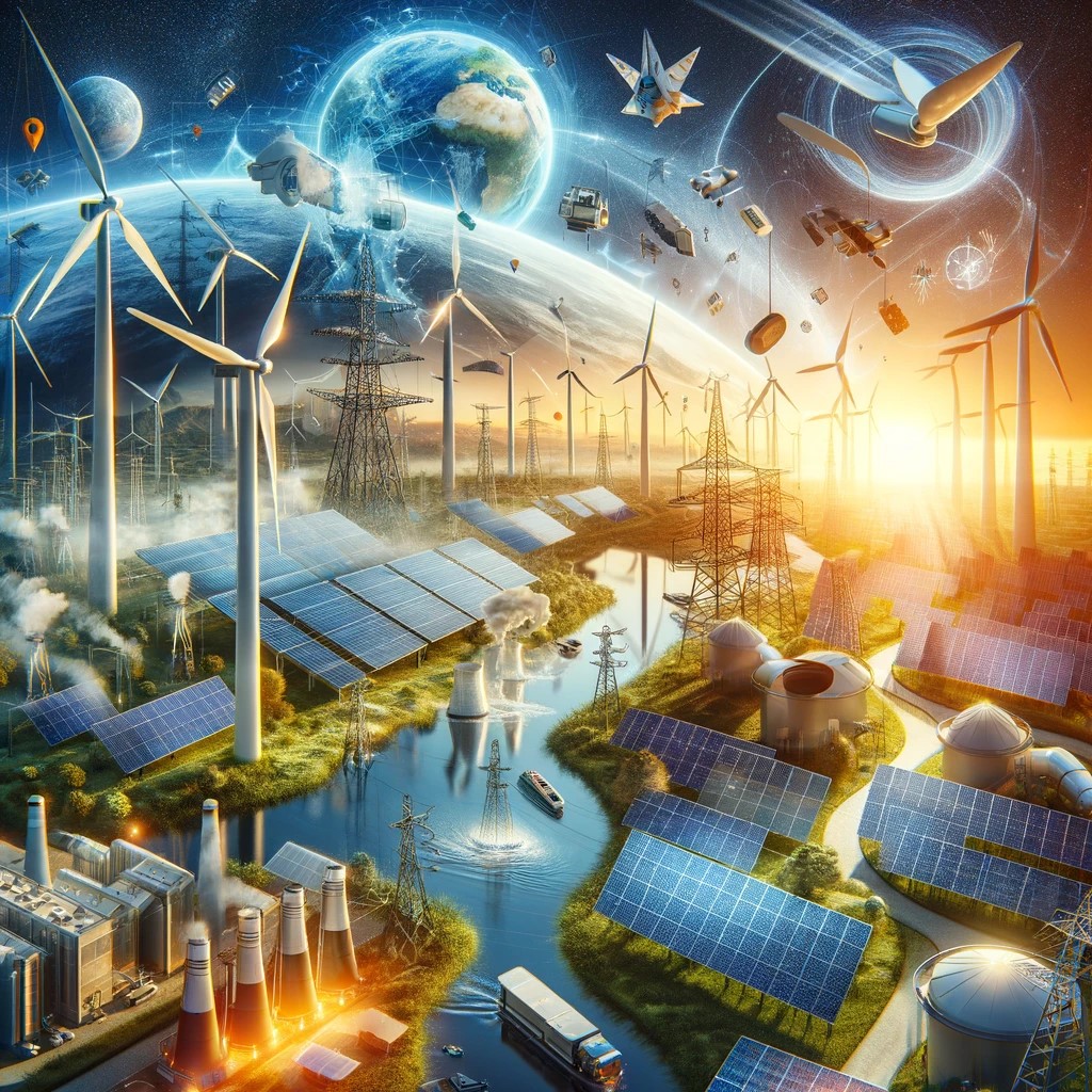 DALL·E 2024-05-29 21.25.27 - An image showing various renewable energy sources like wind turbines, solar panels, and hydroelectric power plants. The scene should emphasize the imp