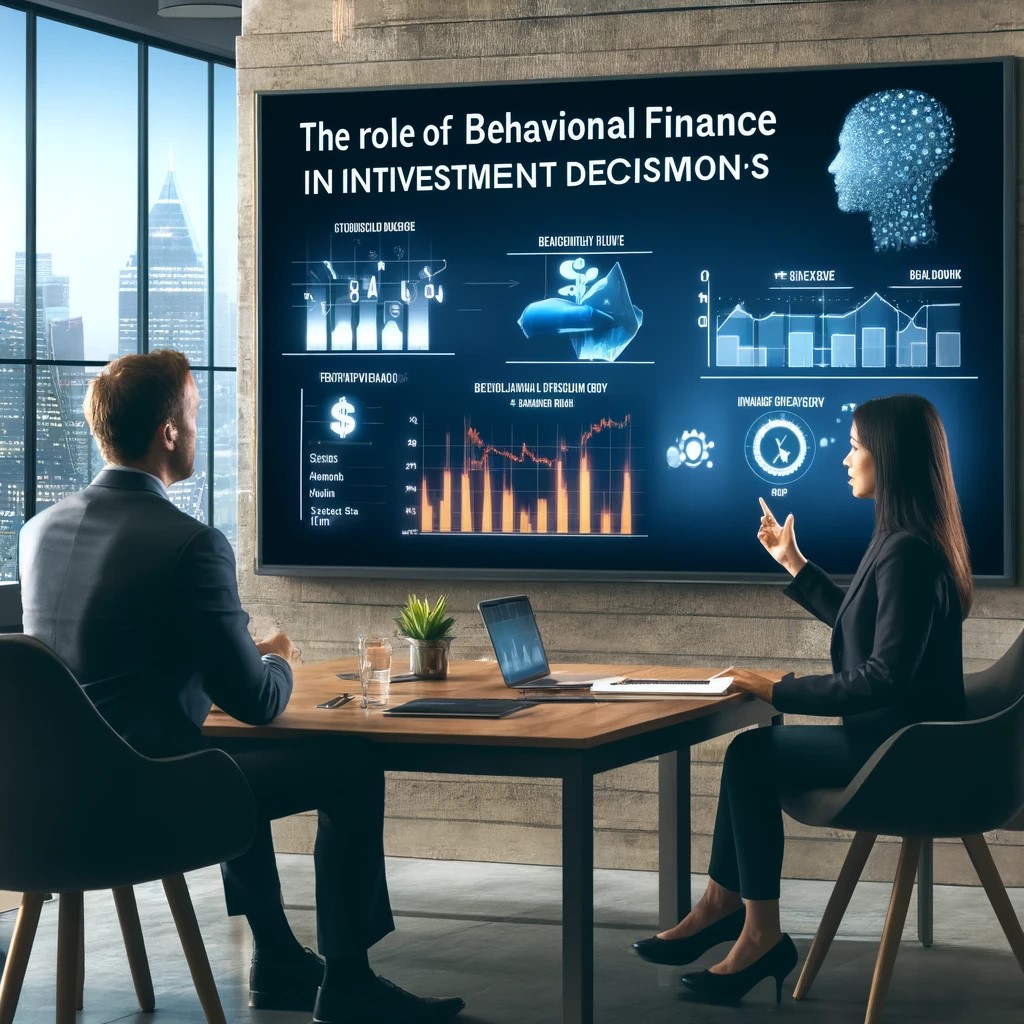 DALL·E 2024-05-29 18.14.37 - An image showing a financial advisor explaining the role of behavioral finance in investment decisions to a client in a modern office setting. The scr