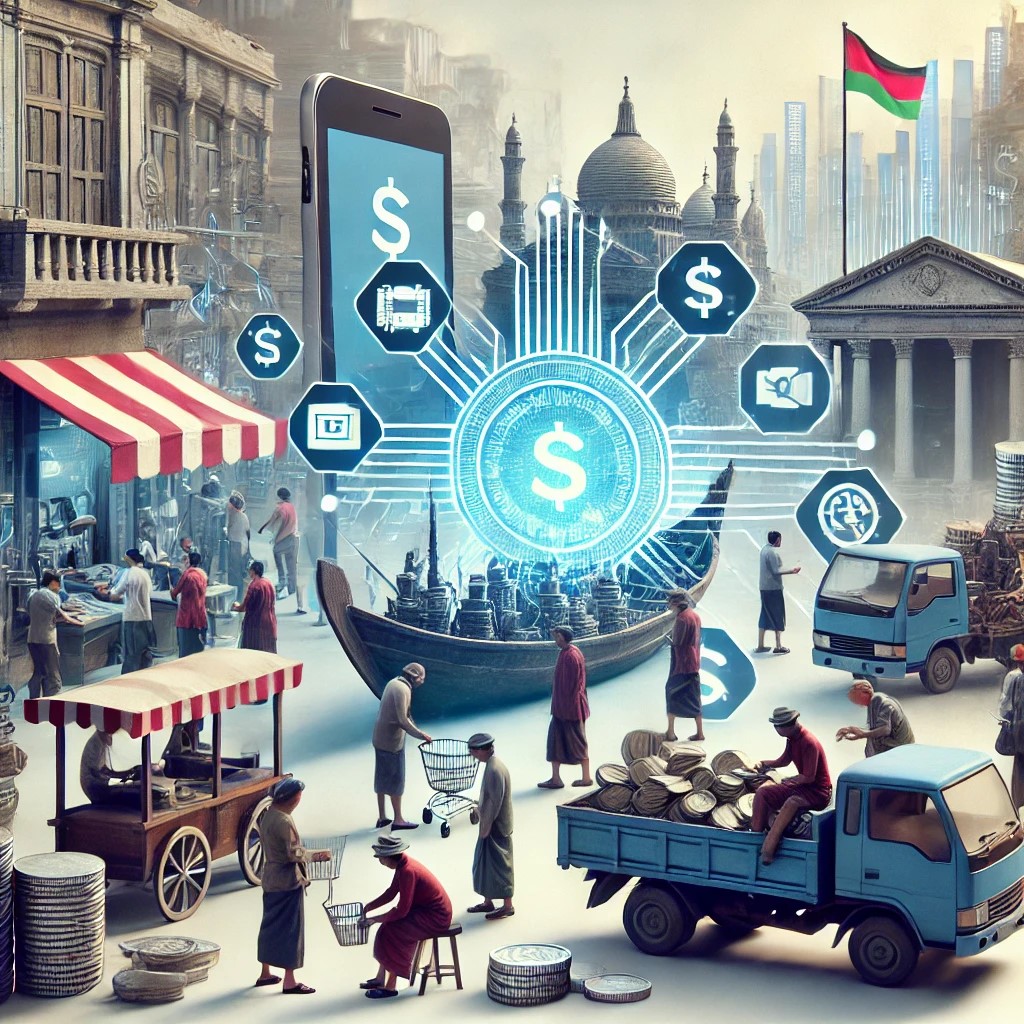 DALL·E 2024-06-28 18.11.45 - An image showing a developing country's financial market with people using mobile banking and digital payment systems, highlighting technological adva