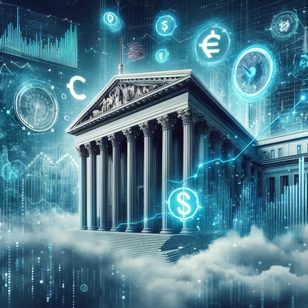 DALL·E 2024-06-28 17.05.11 - An image showing a central bank building with digital symbols representing quantitative easing, such as money being injected into the economy and fina