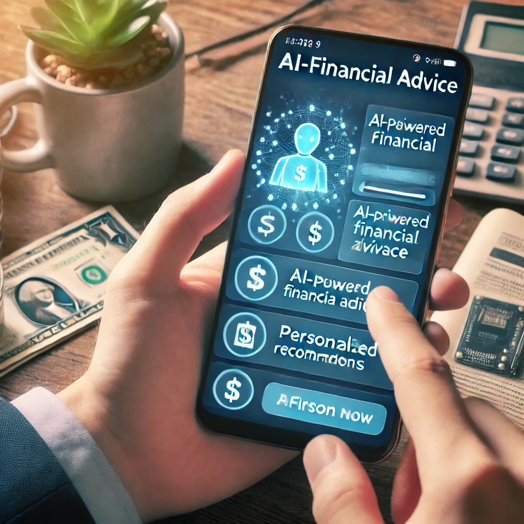 DALL·E 2024-06-28 18.29.34 - An image showing a person using a personal finance app on a smartphone with AI-powered financial advice and personalized recommendations displayed on 