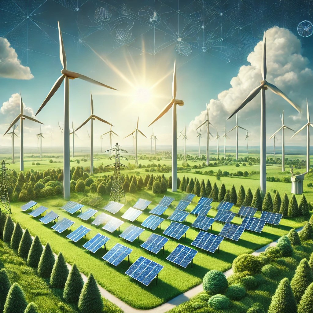 DALL·E 2024-06-28 17.00.49 - An image showing solar panels and wind turbines in a large green field, representing renewable energy investments