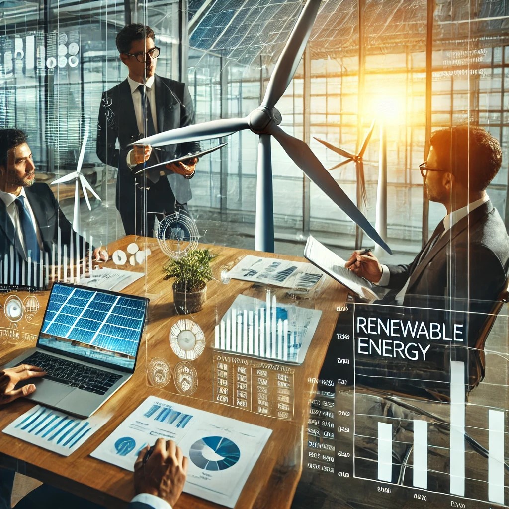 DALL·E 2024-06-28 17.00.51 - An image showing financial analysts discussing renewable energy investments with charts and graphs on a table in a modern office