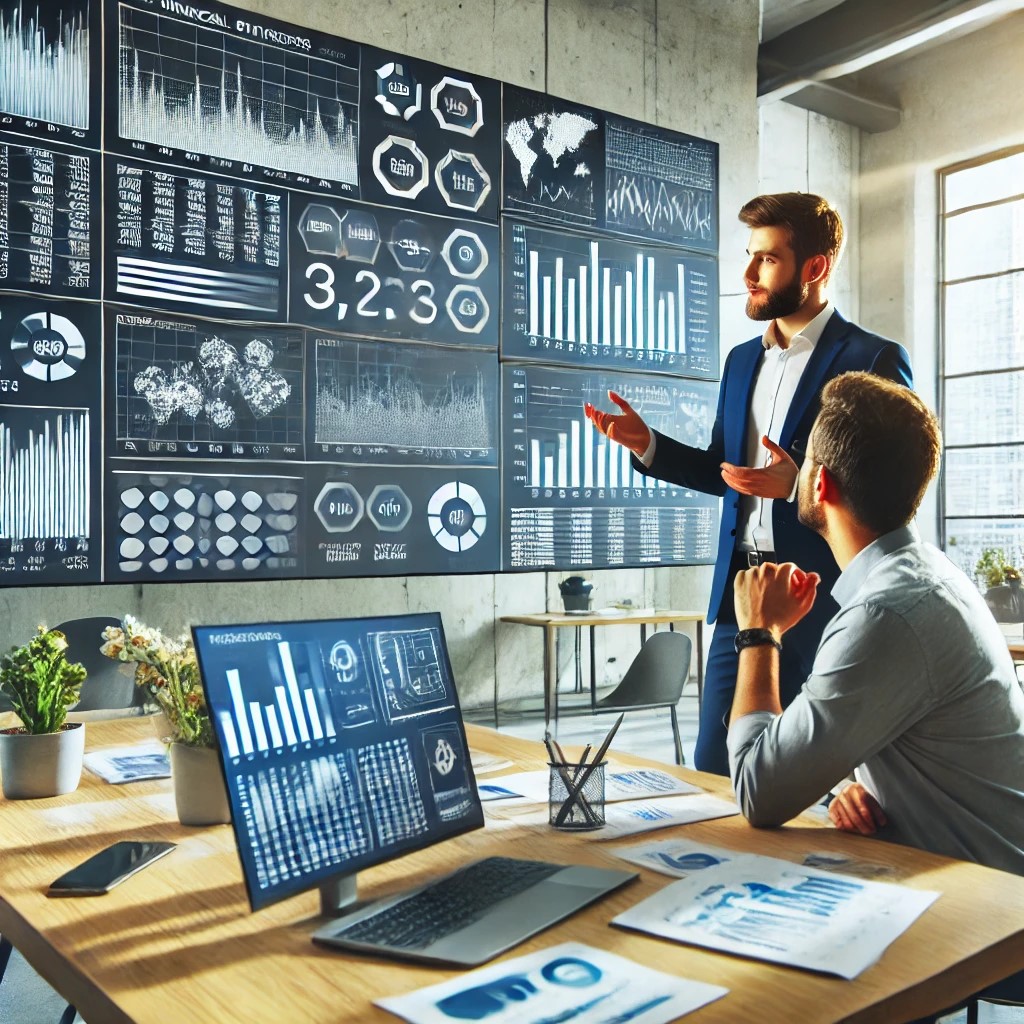 DALL·E 2024-07-30 22.03.27 - A financial analyst discussing financial statement analysis with a client in a modern office. The setting includes charts, graphs, and digital screens