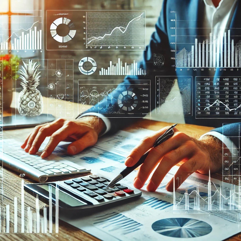 DALL·E 2024-07-30 21.36.33 - A financial analyst using a computer to analyze financial performance metrics. The setting includes charts, graphs, and financial documents, symbolizi