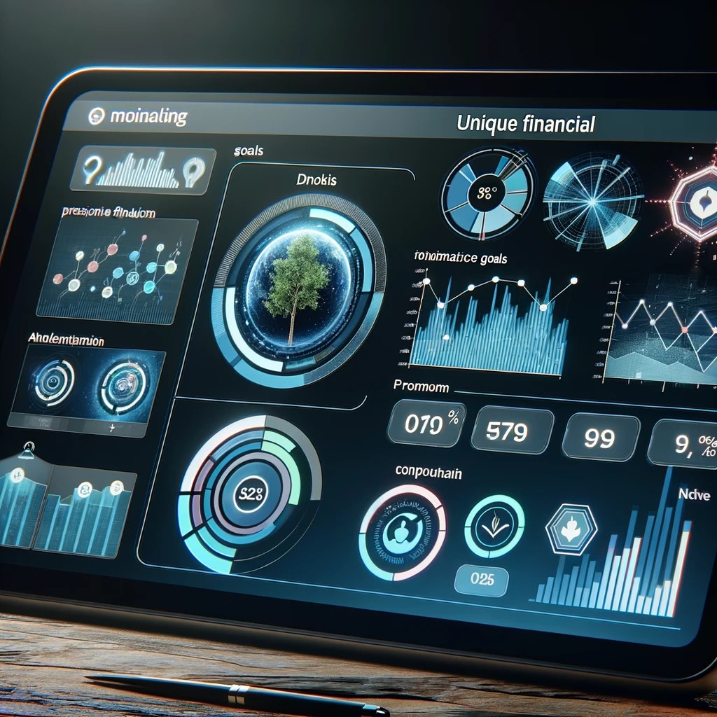 DALL·E 2024-07-30 21.26.05 - A digital financial dashboard showing various metrics related to unique financial goals. The screen displays interactive graphs and charts, symbolizin