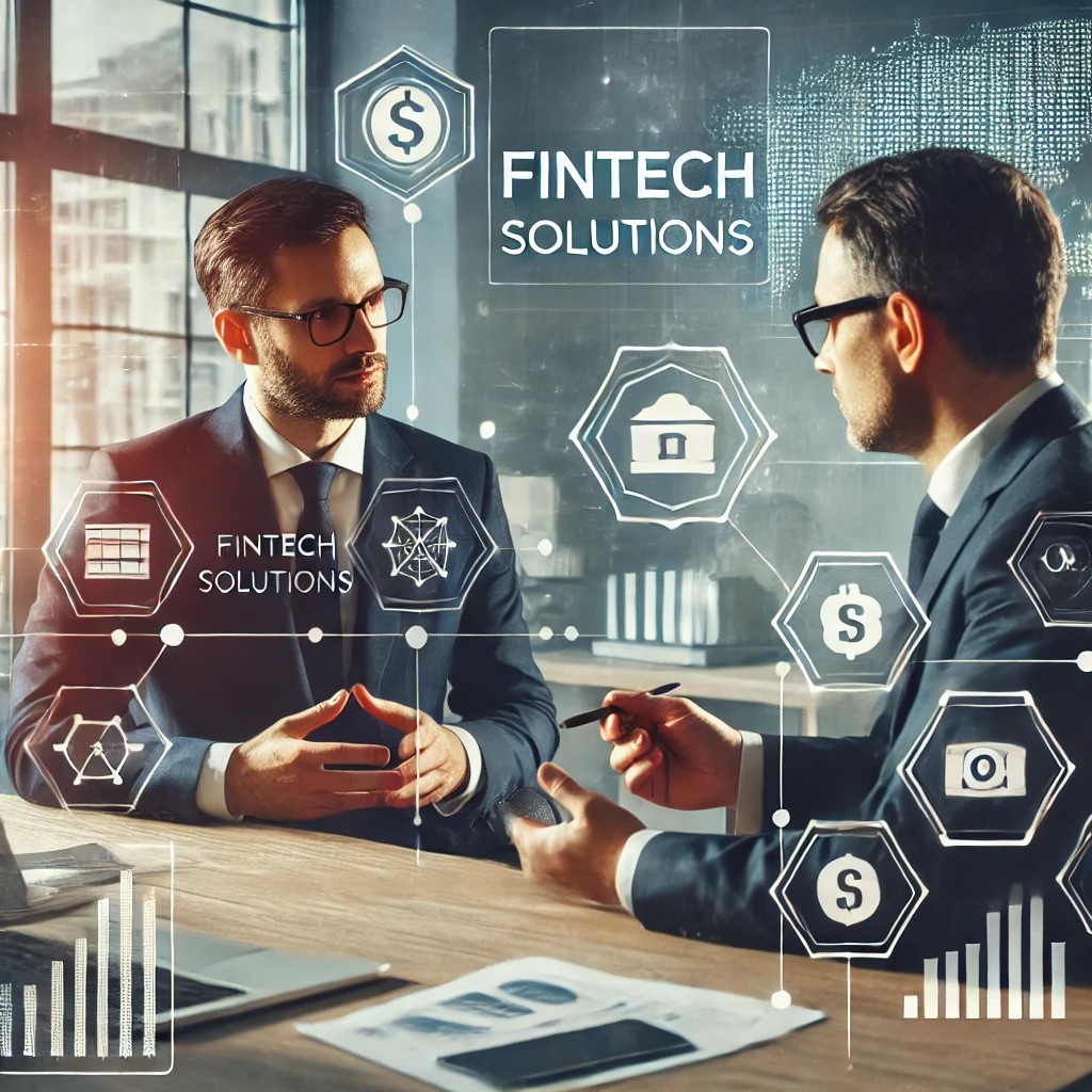 DALL·E 2024-07-30 21.29.48 - A financial advisor discussing fintech solutions with a client in a modern office. The setting includes charts, graphs, and digital interfaces, symbol