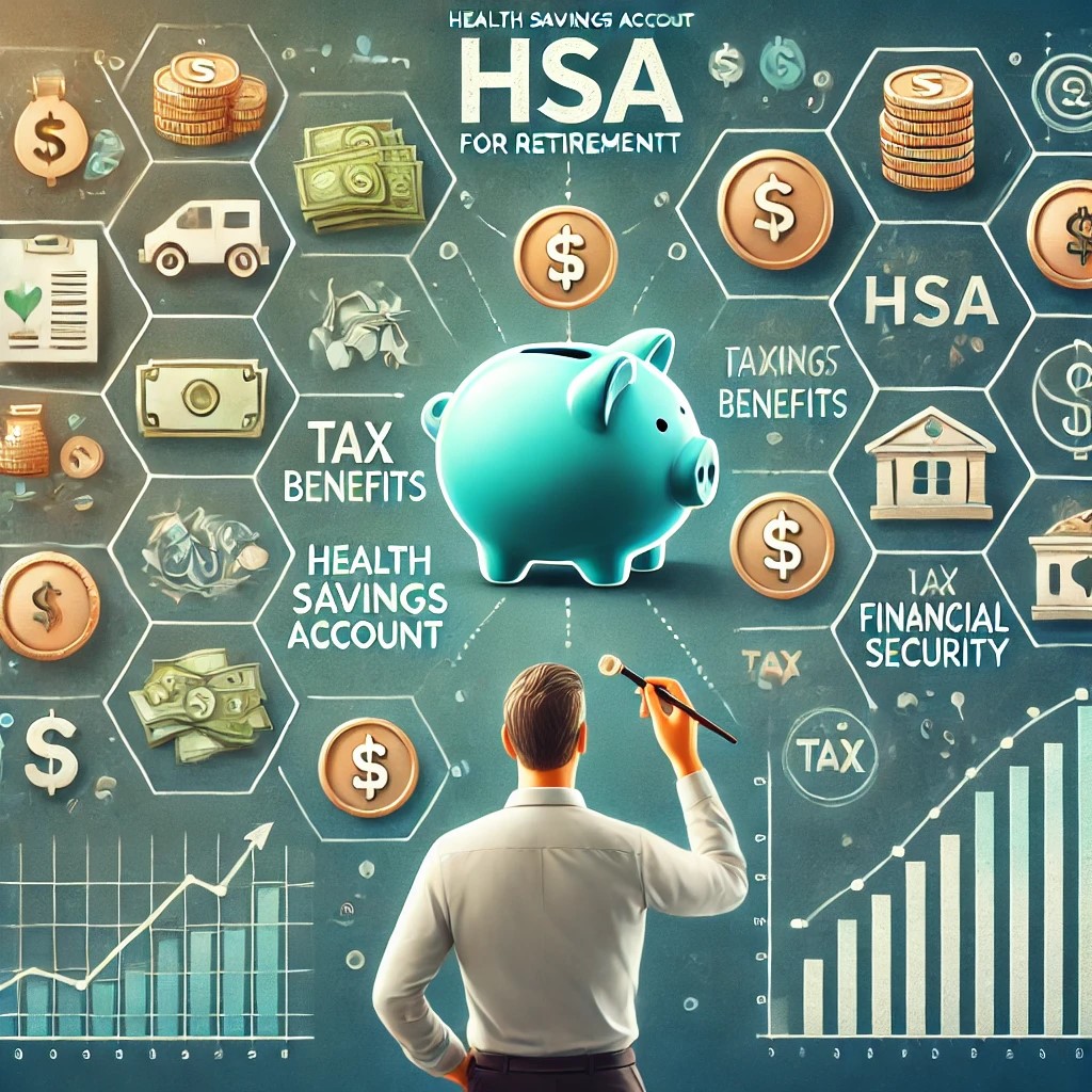 DALL·E 2024-09-02 16.53.17 - A detailed image showing the benefits of a Health Savings Account (HSA) for retirement. The image includes a person planning for future healthcare exp