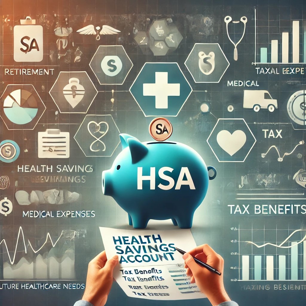 DALL·E 2024-09-02 16.53.16 - A detailed image illustrating the concept of a Health Savings Account (HSA) for retirement. The image shows a person reviewing a retirement plan with 