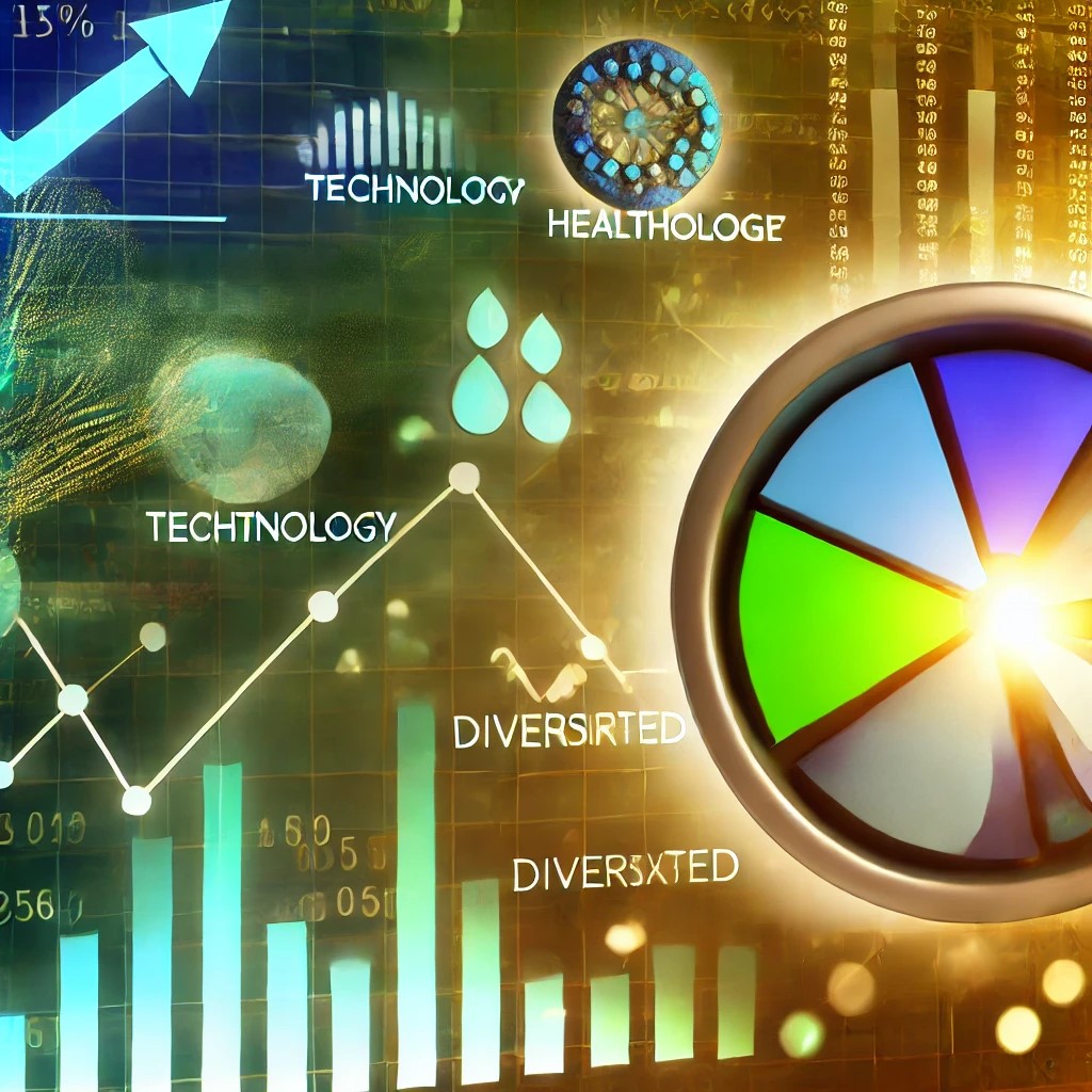 DALL·E 2024-09-02 16.43.15 - A detailed image showing the benefits of diversification in stock market investing for beginners. The image includes a pie chart showing various secto