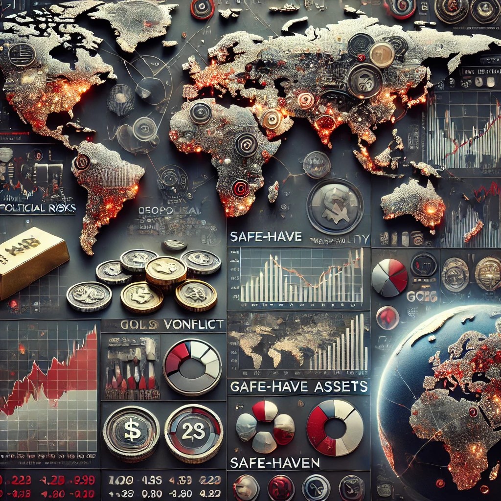 DALL·E 2024-09-02 16.13.58 - A detailed image showing the consequences of geopolitical risks on different investment sectors. The image includes a world map with areas of conflict