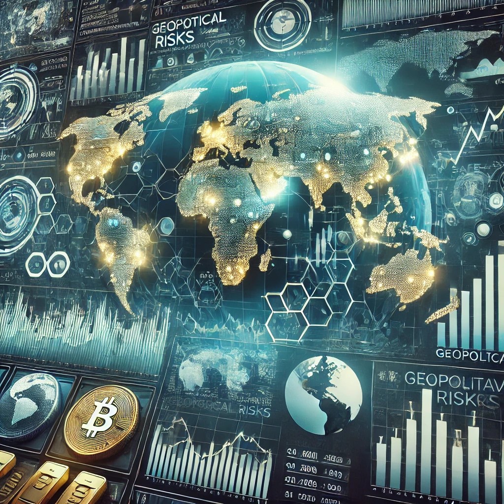 DALL·E 2024-09-02 16.14.00 - A detailed image representing the future outlook of geopolitical risks on investments. The image features a futuristic world map with digital financia