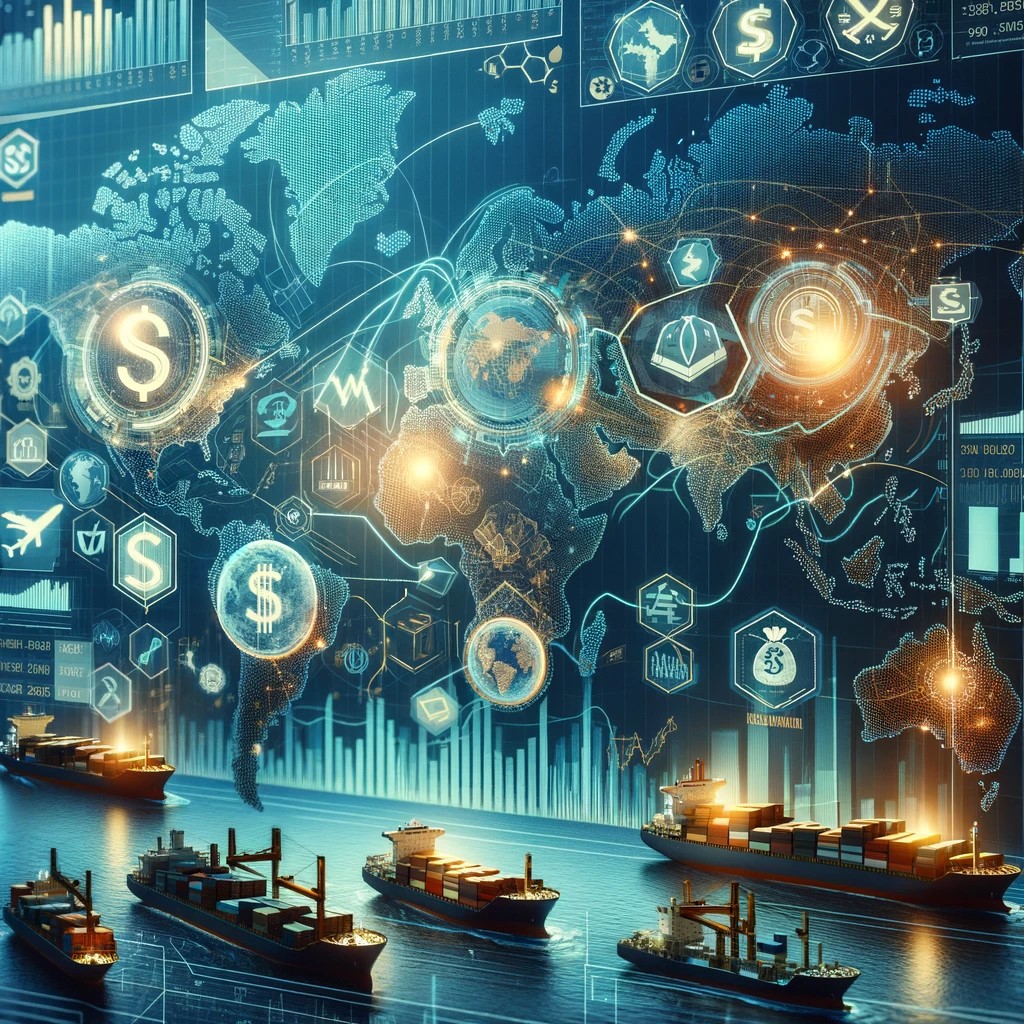 DALL·E 2024-09-02 16.49.44 - A detailed image illustrating the impact of trade agreements on global markets. The image features symbols of international trade, including cargo shi