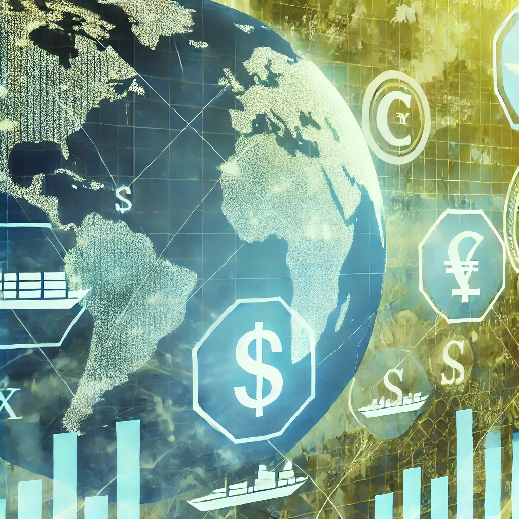 DALL·E 2024-09-02 16.49.45 - A detailed image showing the benefits of trade agreements on global markets. The image includes symbols of international trade, such as cargo ships, c