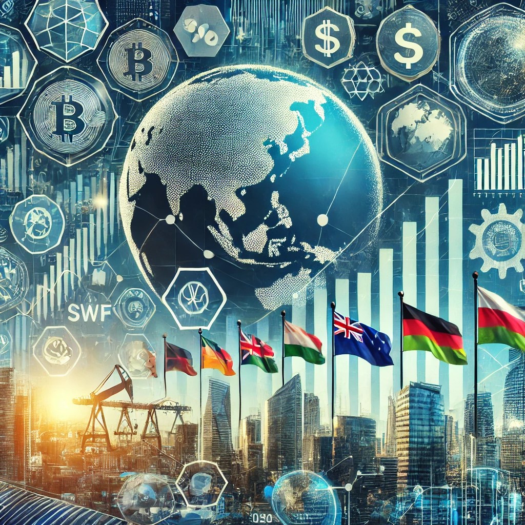 DALL·E 2024-09-02 17.08.51 - A detailed image showing the impact of Sovereign Wealth Funds (SWF) on global markets. The image includes symbols like financial charts, global infras