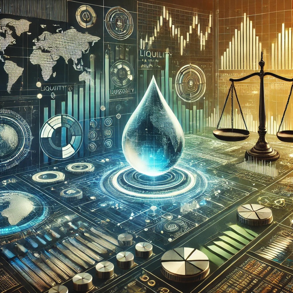 DALL·E 2024-09-02 16.33.30 - A detailed image representing the future outlook of market liquidity and its influence on investments. The image includes futuristic financial symbols