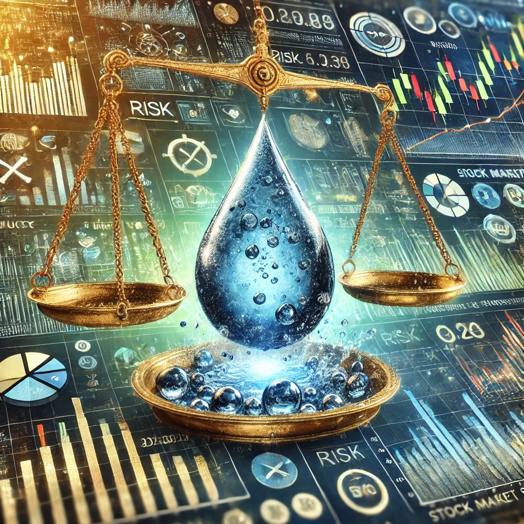 DALL·E 2024-09-02 16.33.29 - A detailed image showing the effects of market liquidity on asset prices and trading activity. The image includes a water droplet symbolizing liquidit