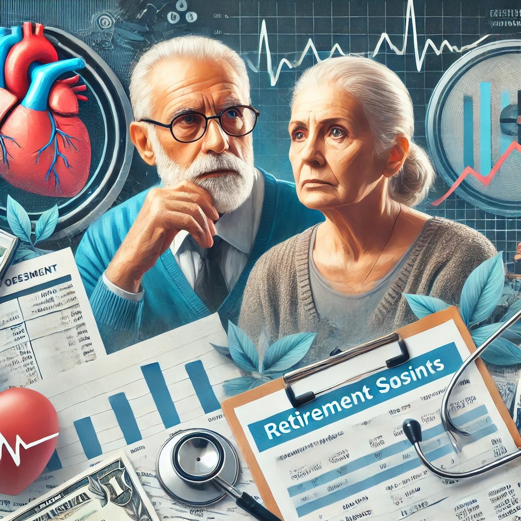 DALL·E 2024-09-02 16.38.57 - A detailed image showing the challenges of managing healthcare costs in retirement. The image includes an elderly couple looking concerned while revie