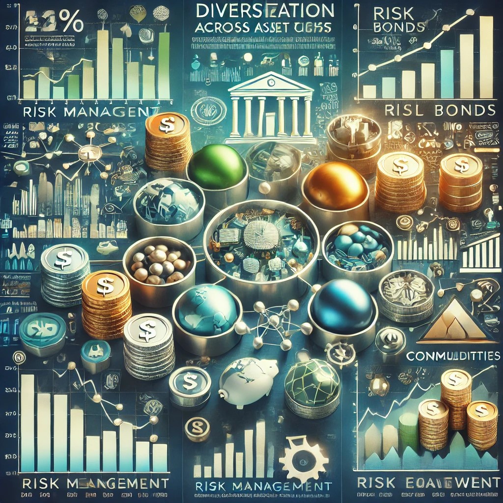 DALL·E 2024-09-02 17.22.01 - A detailed image showing the benefits of diversification across asset classes. The image features symbols of various investments like stocks, bonds, r