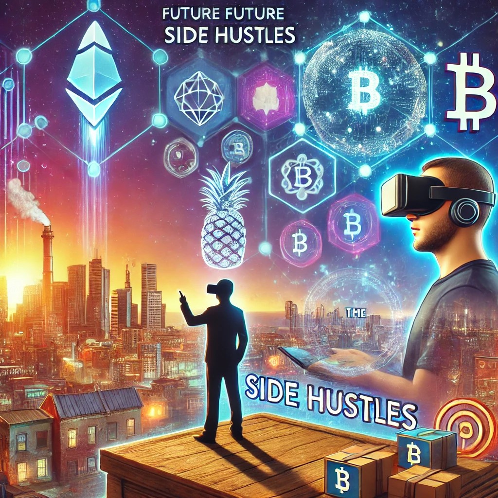 DALL·E 2024-11-20 20.12.41 - A futuristic visualization of the potential future of side hustles, with elements like virtual reality headsets, blockchain symbols, and a person inte