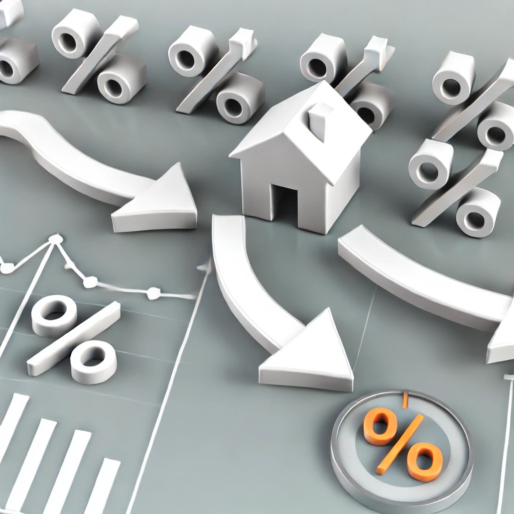 DALL·E 2024-11-20 20.40.55 - A depiction of the impact of interest rates on the economy, showing icons for borrowing, saving, and investments with arrows indicating positive and n