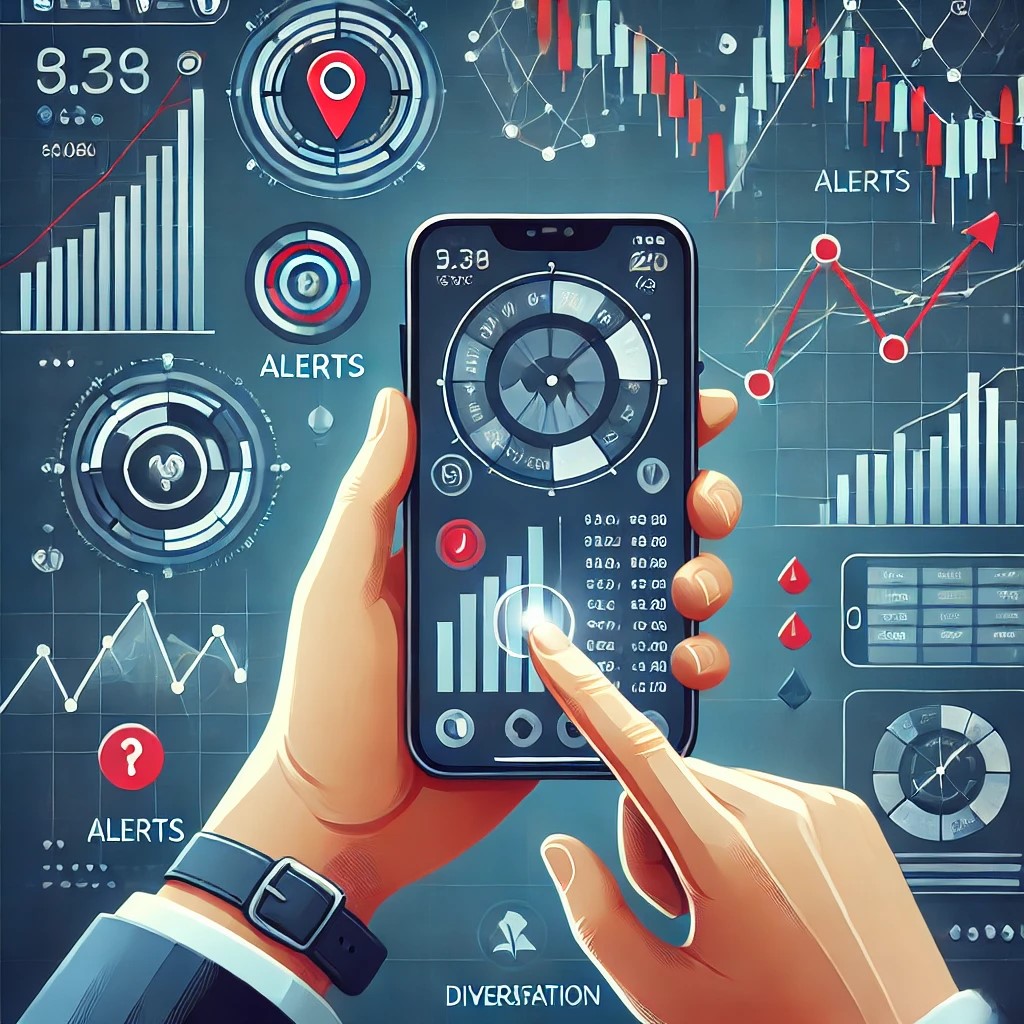 DALL·E 2024-11-20 21.01.35 - A depiction of modern market monitoring tools, showing a person using a smartphone app to track investments and market trends during a downturn. The d