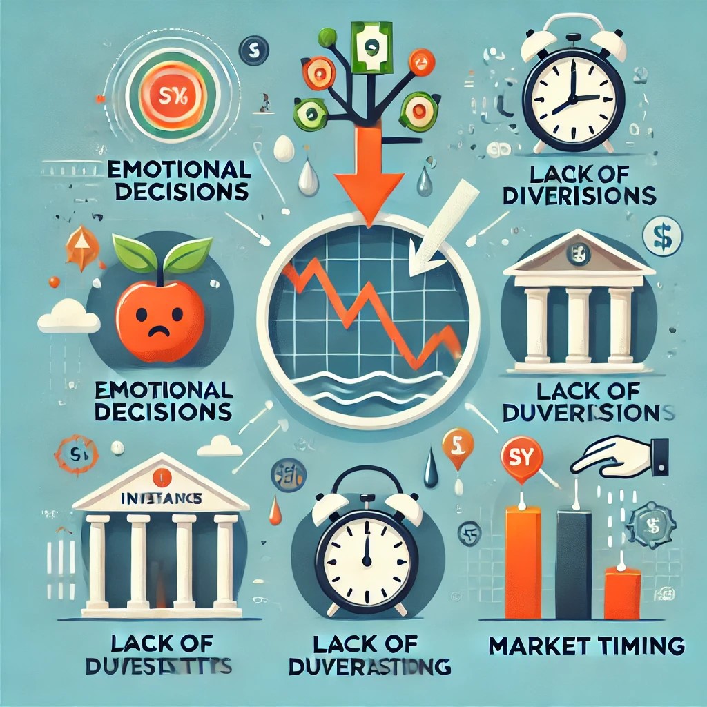 DALL·E 2024-11-20 20.49.06 - An educational illustration showing common investment mistakes such as emotional decisions, lack of diversification, and market timing. The design inc