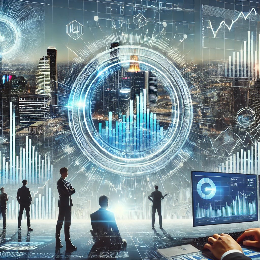 DALL·E 2024-11-20 19.32.37 - A futuristic view of stock market investments, featuring digital charts, holographic screens with financial data, and an investor analyzing trends. Th