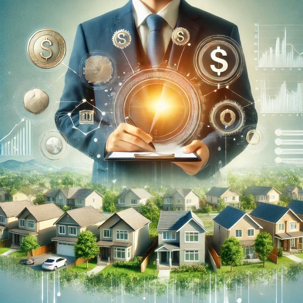 DALL·E 2024-11-20 19.32.38 - A depiction of real estate investment focusing on a thriving suburban neighborhood with homes, rental properties, and a professional investor holding 